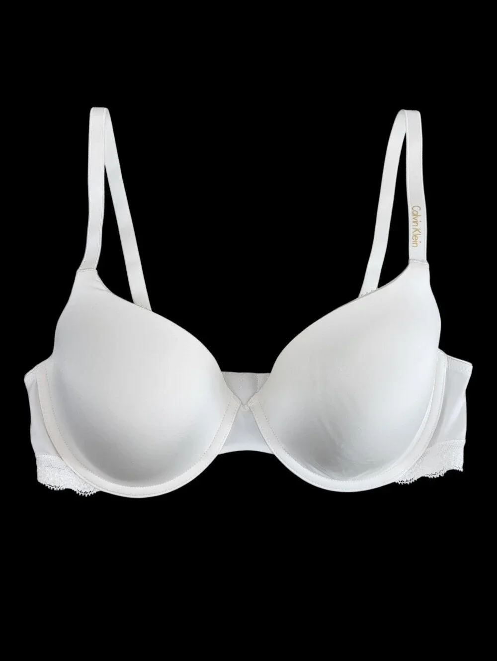 Calvin Klein White Lace Trim Contour Underwire T-Shirt Bra Gold Logo Size 36C